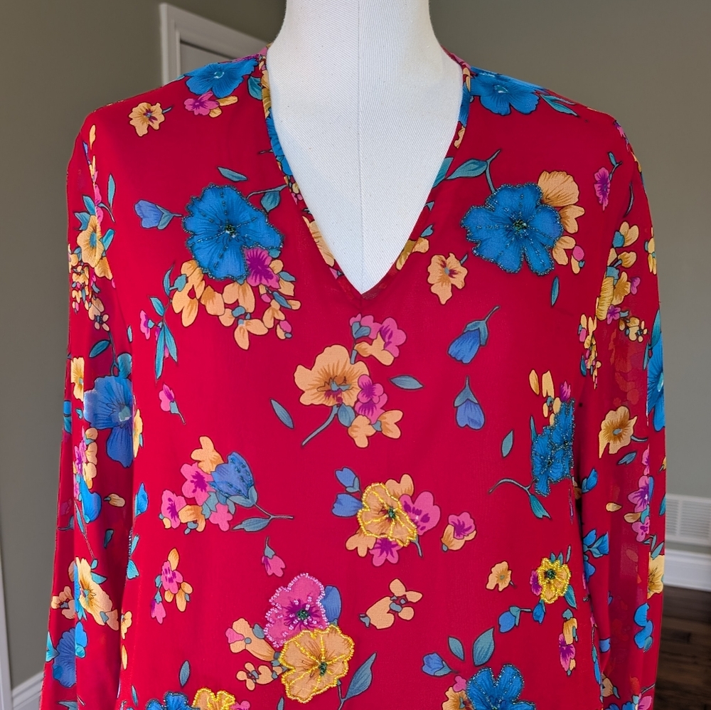 Vintage Diane Freis Silk Red Blouse & Skirt Set Boho Floral Sheer Sleeves Size L